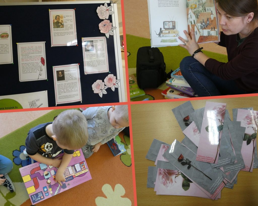 Zdjęcie zawiera kolaż zdjęć. Na jednym zdjęciu gazetka ścienna z informacjami o dniu książki i praw autorskich, Na drugim zdjęcie kobiety czytającej książkę, na trzecim zdjęcie dzieci oglądających książki. Na czwartym zdjęciu zakładki z różami. 