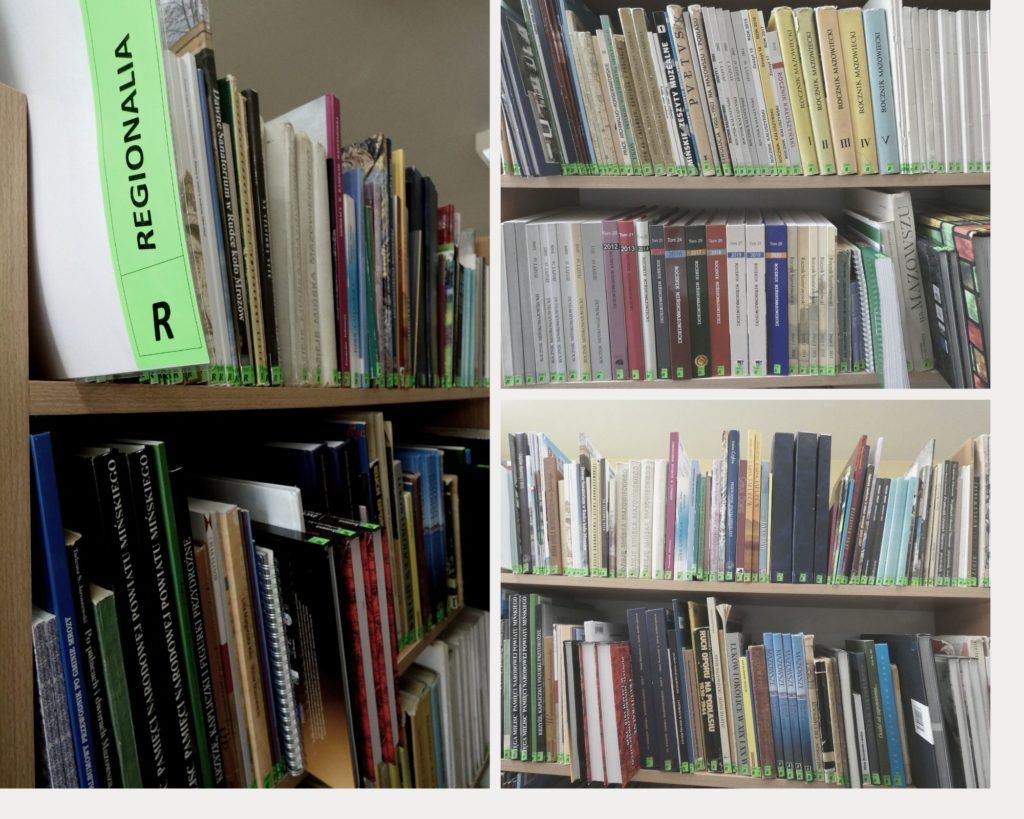 Kolaż zdjęć, 3 zdjęcia przedstawiające półki z książkami z działu regionalia dostępne w bibliotece. 