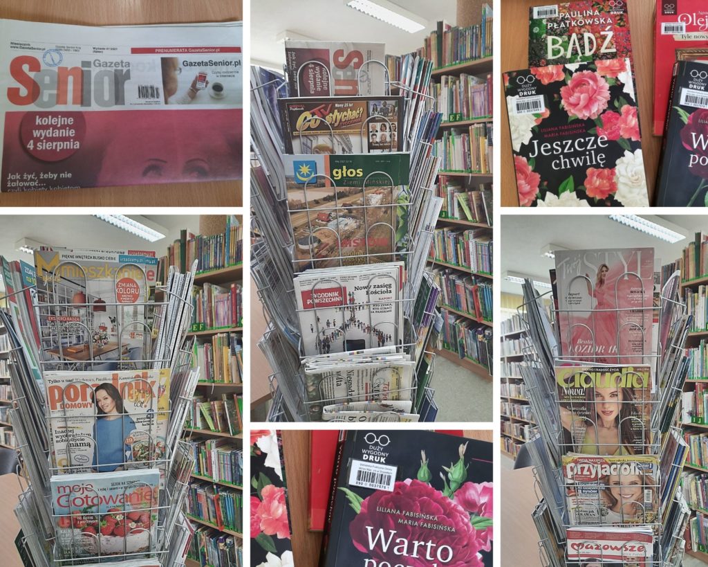 Kolaż zdjęć, zdjęcia przedstawiające wystawkę czasopism w bibliotece, książki z duzym drukiem oraz miesięcznik gazeta senior