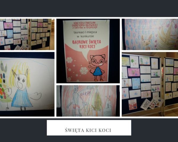 Kolaż zdjęć. Plakat konkursu Bajkowe święta Kici Koci, prace dzieci. 