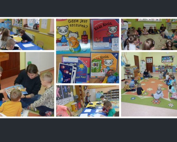 Kolaż zdjęć. Zajęcia w przedszkolu "Kicia Kocia w bibliotece", zdjęcia książek i gadżetów od wydawnictwa. 
