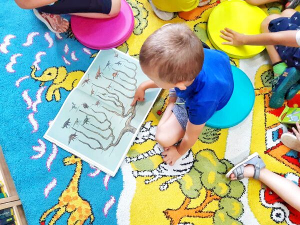 Mały chłopiec czyta książkę na dywanie