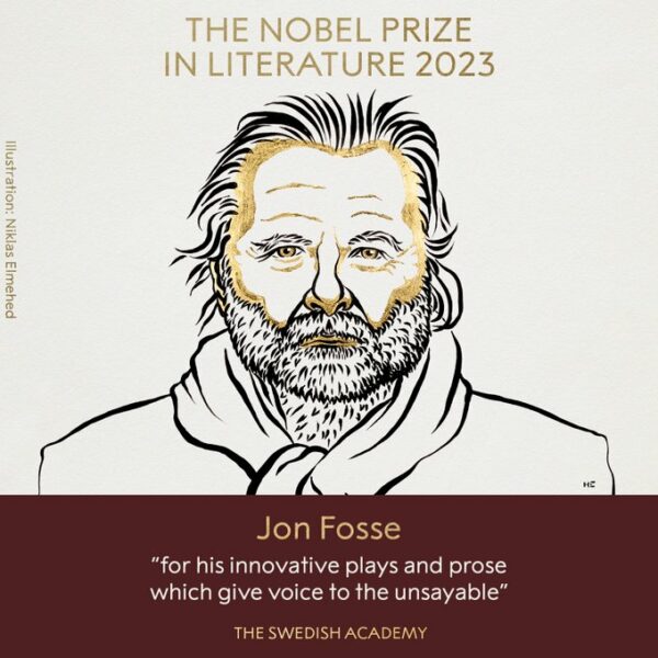 grafika przedstawiająca Jona Fosse'a - laureata nagrody Nobla z 2023 roku
