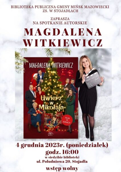 Plakat - spotkanie autorskie z Magdaleną Witkiewicz 4 grudnia godz. 16:00
